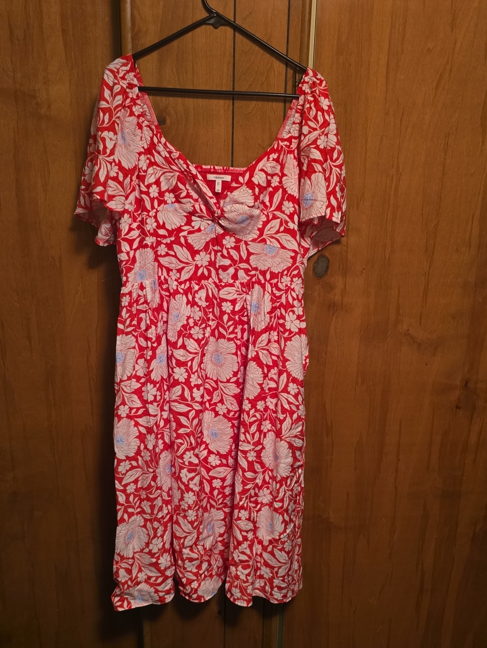 Maurices Red Floral V-Neck Flutter Sleeve Dress, Size 0X